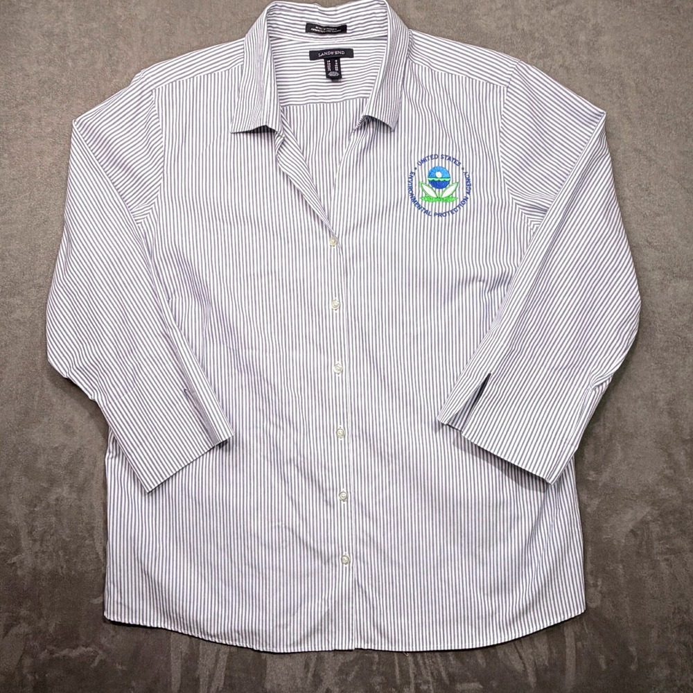 Lands End Shirt Womens 18 Blue Pinstripe EPA Logo No Iron Broadcloth 3/4 Sleeve